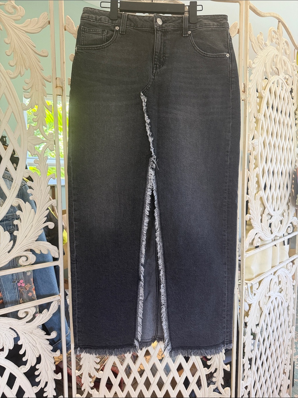 Divided Black Maxi Denim Skirt with Front Frayed Slit